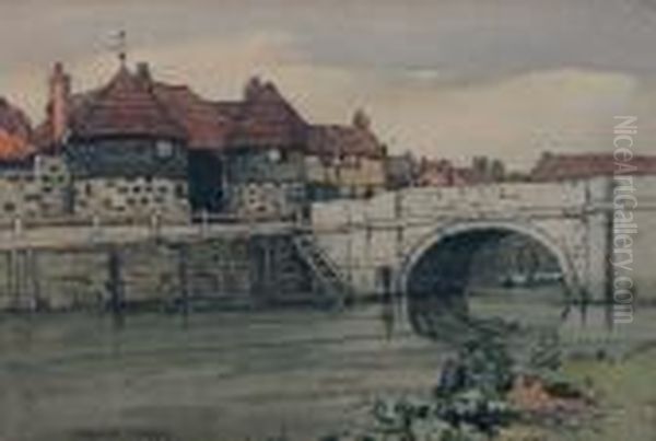 Kent Bridge - Scene Of Bridge Over River With Buildings Oil Painting by Harold Waite