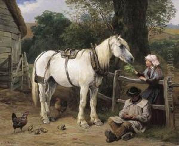 Farmyard With Two Figures, Chickens And White Horse In Harness Oil Painting by James Clarke Waite