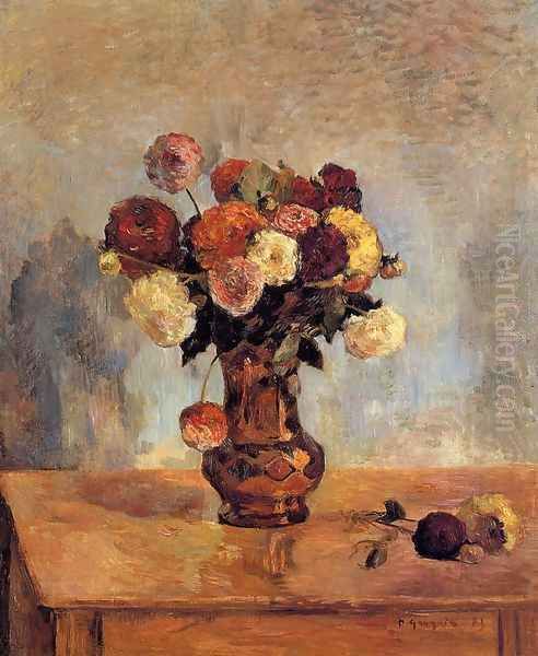 Dahlias In A Copper Vase Oil Painting by Paul Gauguin