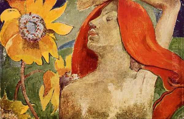 Redheaded Woman And Sunflowers Oil Painting by Paul Gauguin