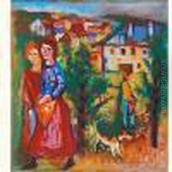 Personnages Et Chien Devant Le Village Oil Painting by Charles Walch