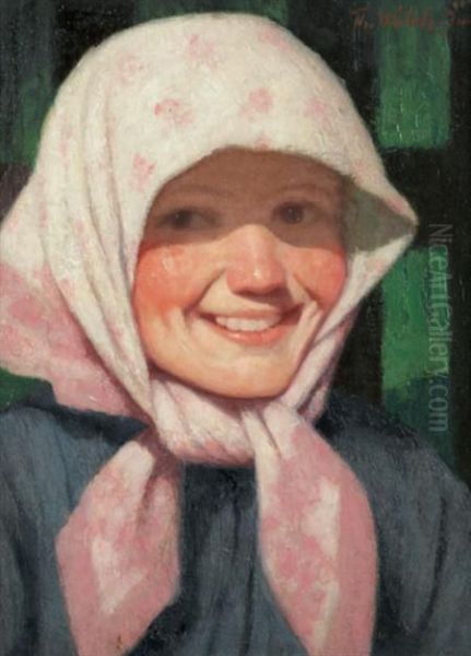 Girl With A Pinkkerchief Oil Painting by Thomas Walch