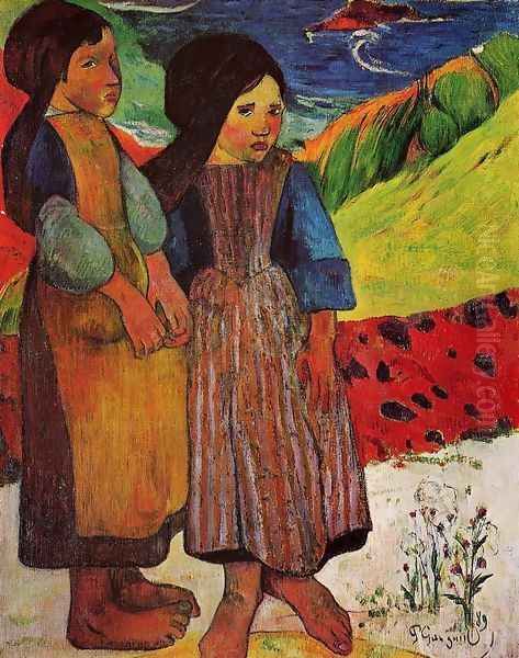 Breton Girls By The Sea Oil Painting by Paul Gauguin