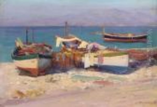 Fishing Boats Onshore Oil Painting by Lionel Walden