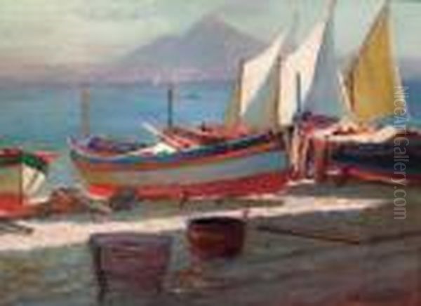 Boats Near The Bay Of Naples Oil Painting by Lionel Walden