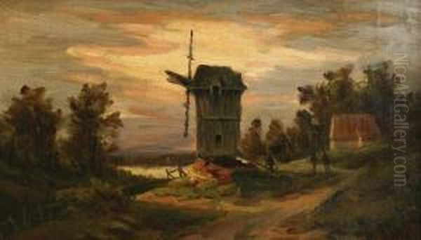 Wind Mill With Staffage Oil Painting by Anton Waldhauser