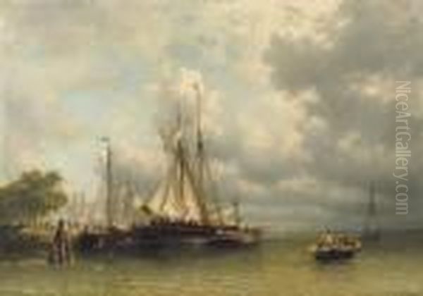 Sailing Boats Moored At A Busy Quay Oil Painting by Antonie Waldorp