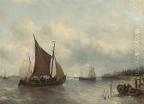 A Crowded Fishing Barge Tacking Up A Dutch River Estuary, Probablythe Scheldt Oil Painting by Antonie Waldorp