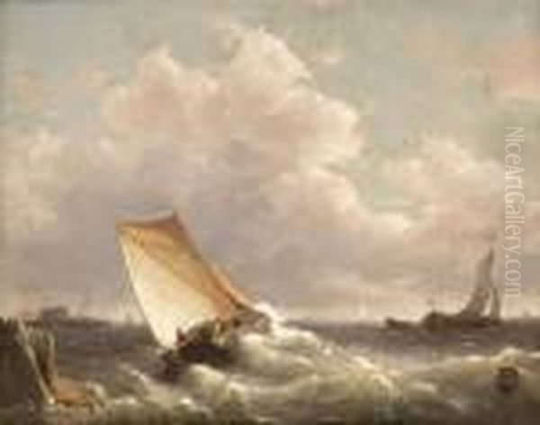 Dutch Sailing Boats Inshore. Oil/canvas, Inscribed Oil Painting by Antonie Waldorp