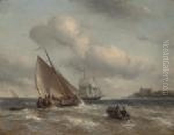 A Dutch Barge Heeling In The Breeze Off The Coast Oil Painting by Antonie Waldorp