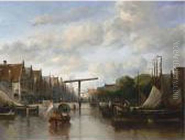 A Busy Canal In A Dutch Town Oil Painting by Antonie Waldorp