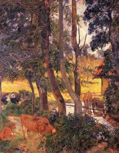 Cattle Drinking Aka Edge Of The Pond Oil Painting by Paul Gauguin