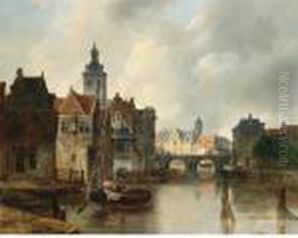 View Of A Canal In A Dutch Town Oil Painting by Antonie Waldorp