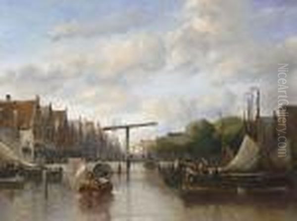 Busy Canal In A Dutch Town Oil Painting by Antonie Waldorp