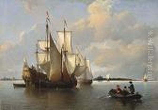 Sailing Vessels In A Calm Haarlem In The Distance Oil Painting by Antonie Waldorp