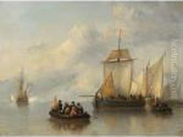 Shipping In A Calm, Figures In A Rowing Boat In The Foreground Oil Painting by Antonie Waldorp