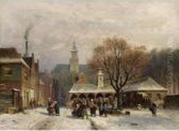 Villagers On A Town Square In Winter Oil Painting by Antonie Waldorp