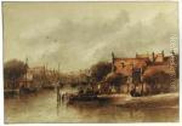 A View Of A Dutch Town On A River, Figures In A Boat In Theforeground, A Bridge Beyond Oil Painting by Antonie Waldorp