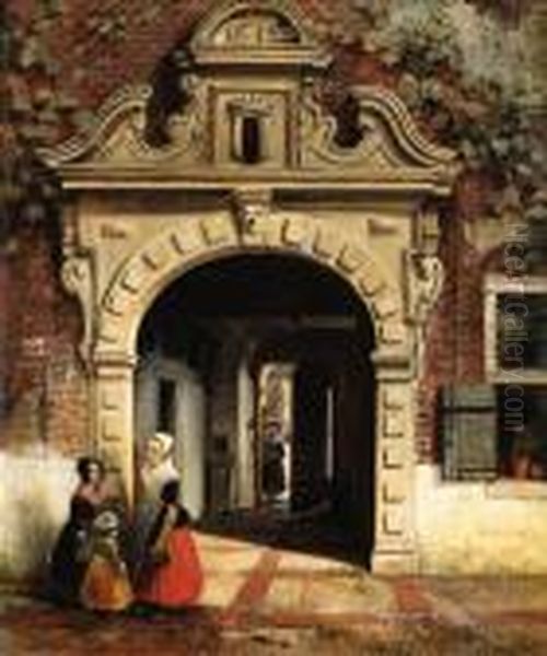 A Sunlit Countryard With Figures Conversing Under A Brickarchway Oil Painting by Antonie Waldorp