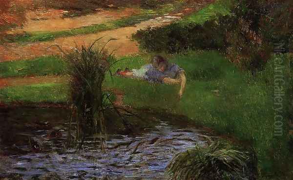 Pond With Ducks Aka Girl Amusing Herself Oil Painting by Paul Gauguin