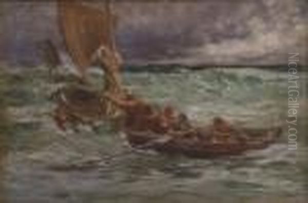 St Columba Leaving Ireland For Iona Signed 15.5 X 23.25in Oil Painting by Francis S. Walker