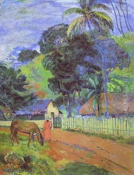 Horse On Road Tahitian Landscape Oil Painting by Paul Gauguin