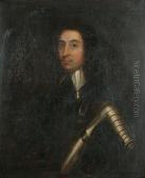 Portrait Of A Gentleman, Said To
 Be Sir Gilbert Ireland, Half-length, Wearing Armour, In A Painted Oval. Oil Painting by Robert Walker