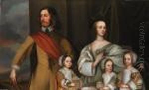 Group Portrait Of Alexander 
Popham Of Littlecote, Wiltshire, Withhis Wife, Letitia Carre, And Three 
Daughters, Essex, Letitia Andanne, By A Window With A Landscape Beyond Oil Painting by Robert Walker