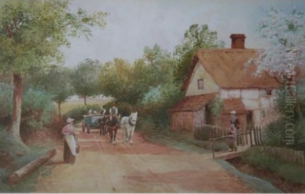 Scene On A Village Lane; Fishing By A Country Bridge Oil Painting by Robert Hollands Walker