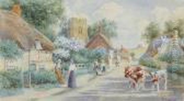 Cows On A Village Street; Feeding The Ducks Oil Painting by Robert Hollands Walker