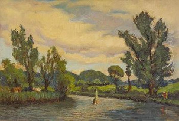 Sailing Boat On River Lagan, Belfast Oil Painting by Thomas Bond, Tom Walker