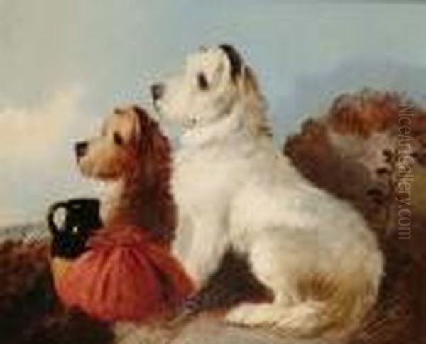 Two Hungry West Highland Terriers In A Landscape Oil Painting by William Walker