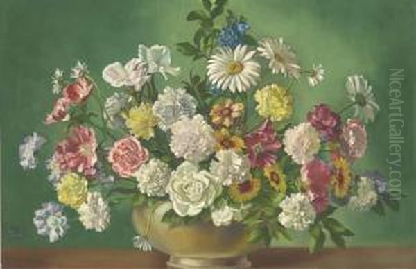 Carnations, Roses, Daisies, Tulips And Other Summer Flowers In Avase On A Ledge Oil Painting by Winifred Walker