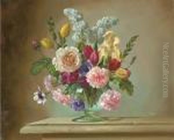 Daisies, Tulips, Carnations, Roses And Other Summer Blooms In A Vase Oil Painting by Winifred Walker