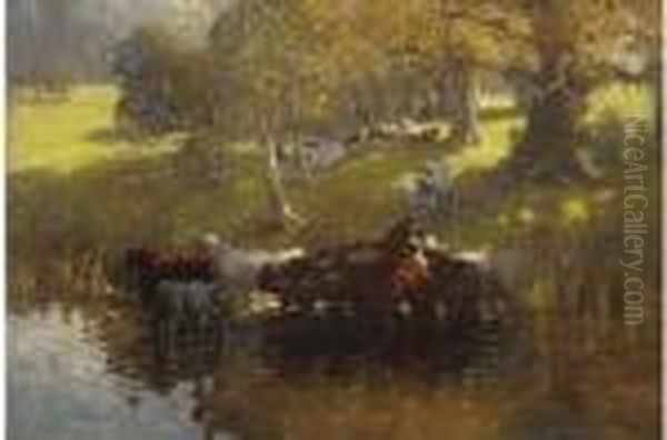 Cattle Watering On A Summer's Day Oil Painting by James Wallace