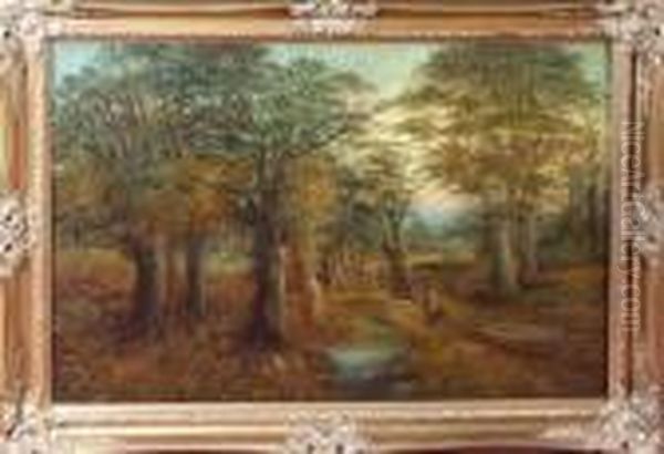 An Autumn Woodland Landscape With Shepherds And A Flock Of Sheep In The Foreground Oil Painting by John Wallace