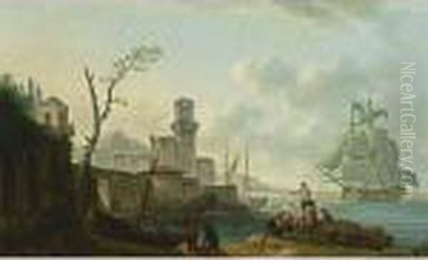 A Mediterranean Bay With Two 
Sailing Vessels, And Fishermen With Their Nets And Boat And Other 
Figures In The Foreground, A View Of A Harbour Town With A Castle And A 
Lighthouse On The Left Oil Painting by Pierre Joseph Wallaert