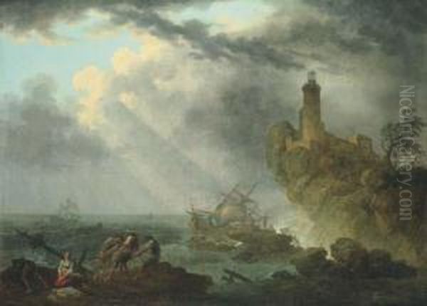 Naufrage Par Gros Temps, Survivants Sur Un Rocher, Un Phare Al'arriere-plan Oil Painting by Pierre Joseph Wallaert