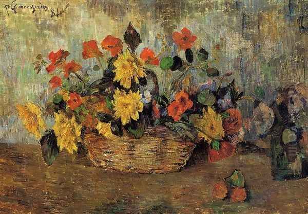 Nasturtiums And Dahlias In A Basket Oil Painting by Paul Gauguin