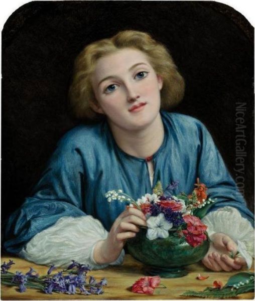 A Young Girl Arranging A Bouquet Oil Painting by Henry Wallis