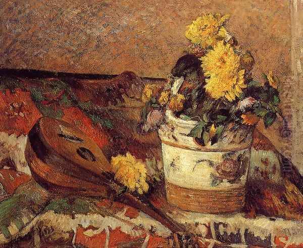 Dahlias And Mandolin Oil Painting by Paul Gauguin