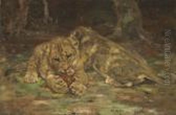 Lion Cubs Oil Painting by William Walls