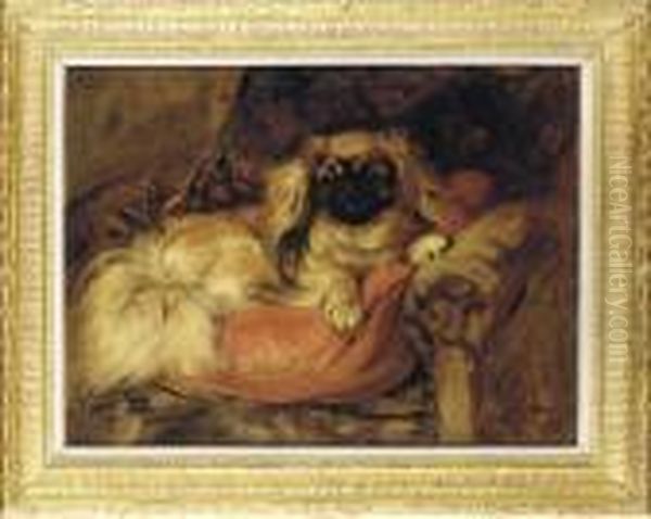 A Pekingese On A Red Cushion Oil Painting by William Walls