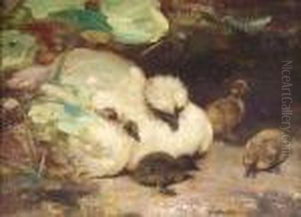 Silkie And Ducklings Oil Painting by William Walls