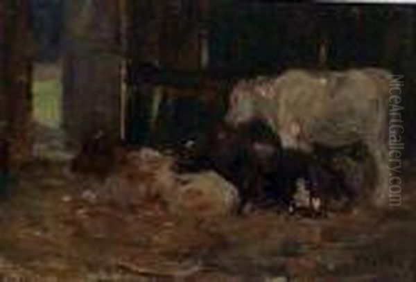 Cattle In A Byre Oil Painting by William Walls