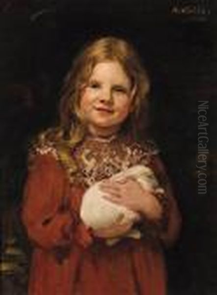 Portrait Of A Girl, Standing 
Half-length, Wearing A Brown Dress Andholding A Rabbit In Her Arms Oil Painting by William Walls