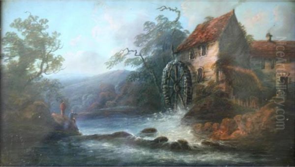 Two Men Salmon Fishing By A Mill Oil Painting by Thomas Walmsley