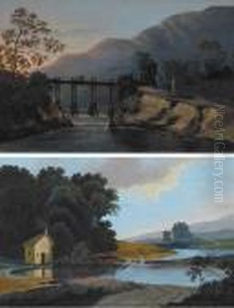 Travellers On A Wooden Bridge 
Across A Rivergorge And Cottage And Figures By A River Bend (a Pair) Oil Painting by Thomas Walmsley