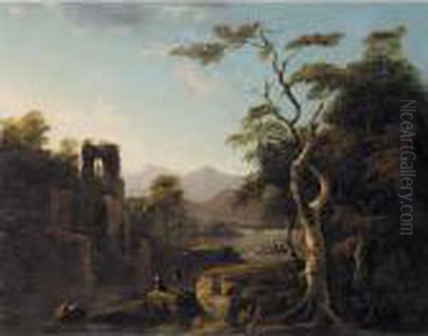 An Artist Sketching A Ruined Church In A Landscape Oil Painting by Thomas Walmsley