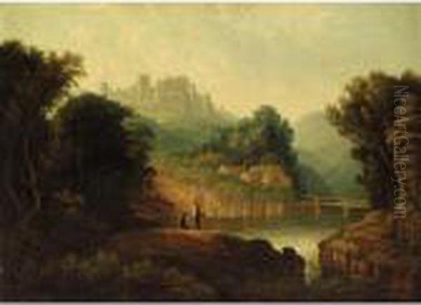 A River Landcsape With Fishermen In The Foreground And A Ruined Castle On A Hill Beyond Oil Painting by Thomas Walmsley